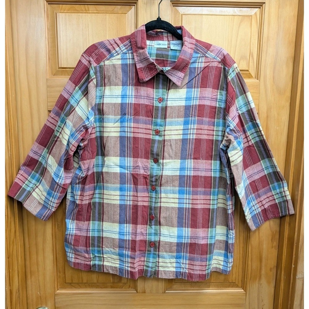 Cabin Creek Women's 1X Plaid Shirt Button-Down Front 3/4 Button Tabs Sleeves - Picture 8 of 11